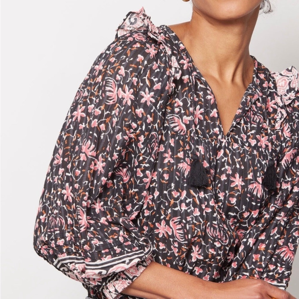Cleobella Brynlee Floral Blouse Organic Balloon Sleeve Medium Black Pink Shimmer